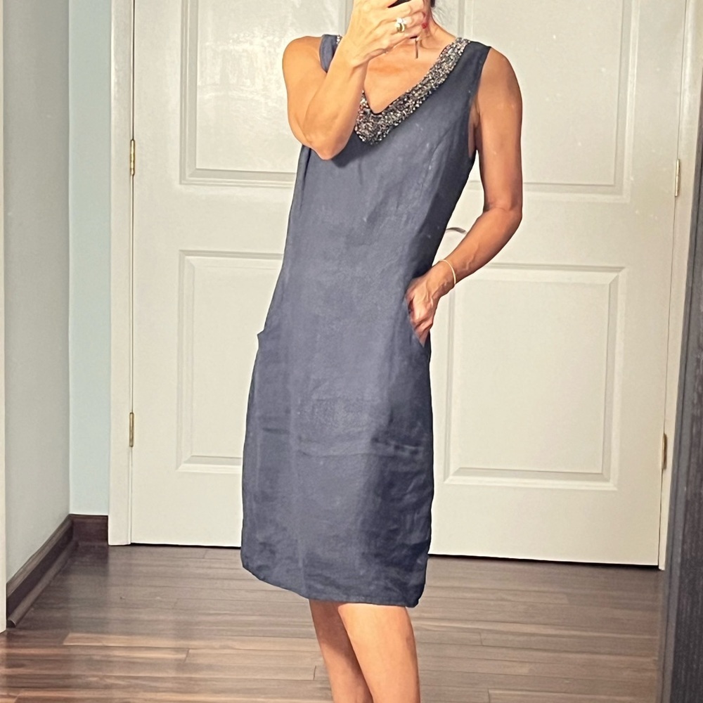 Lina Tomei 100% linen beaded neckline shirt dress size S - Picture 5 of 15